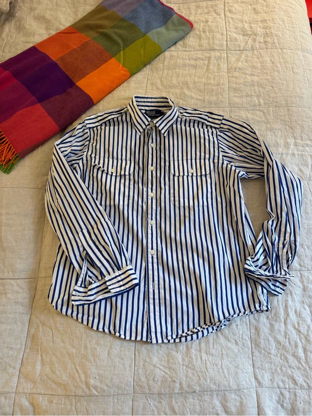 Polo by Ralph Lauren White and Navy Vertical Stripe Button-Down Shirt
